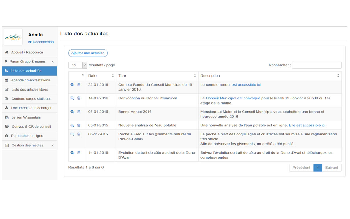 Interface d'administration du site web